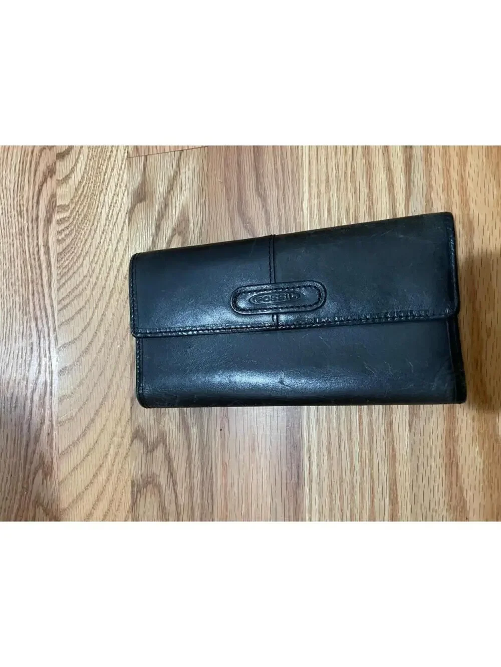 Vintage Fossil Black Genuine Leather Womens Trifold Wallet W/Outer Zipper Pocket